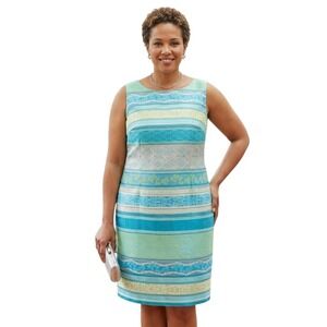 Leslie Fay Aqua Green Striped Sheath Dress Sleeveless F3473962 Womens 20W NWT